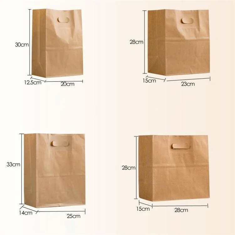 Wholesale Takeout Die Cut Handle Kraft Paper Tote Bags Grocery Bags Shopping D Cut Paper Bag for Restaurant Bakery Retail