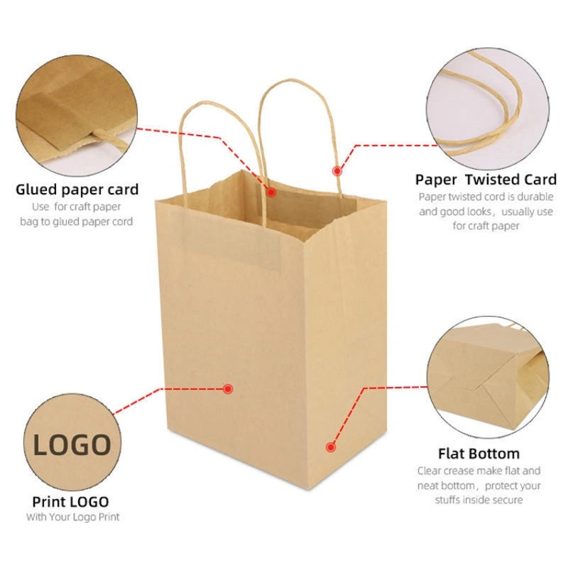 Custom Design Your Own Logo Flat Handle Restaurant Delivery Take out Packaging Carry Brown Kraft Takeaway Food Paper Bag