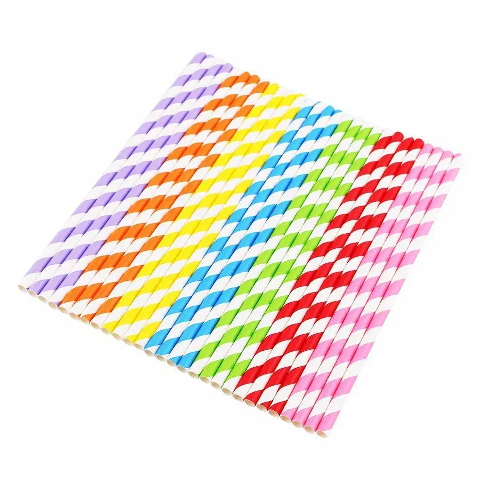 Biodegradable Paper Straws Bulk Assorted Rainbow Colors Striped Drinking Straws for Juice Shakes